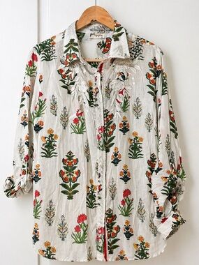 Magazine Floral Embroidered Cotton Blouse Size L Boho